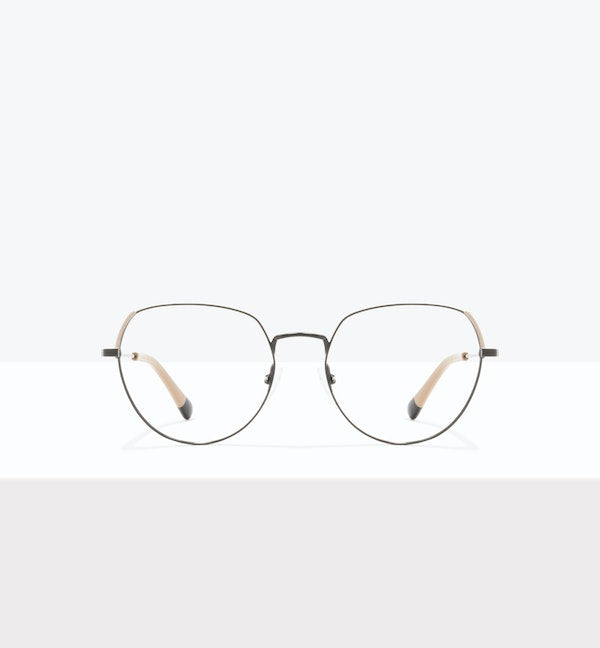 Minimalist round eyeglasses with thin metal frames on a white background.
