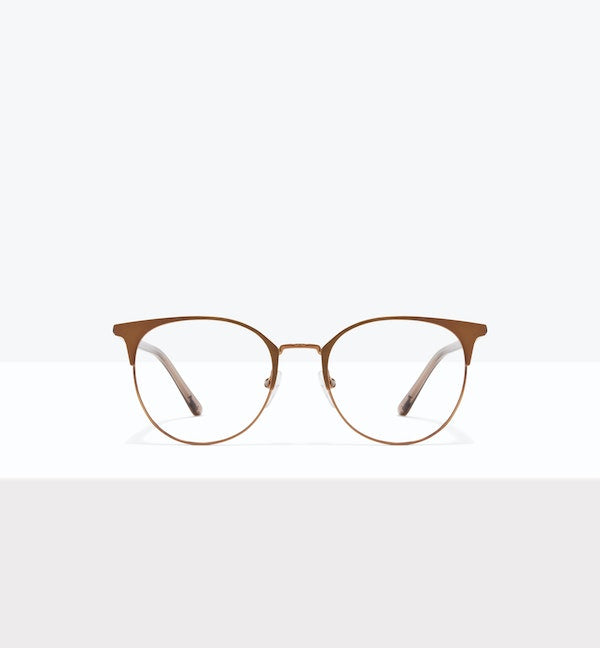 Brown round eyeglasses displayed on a white surface.