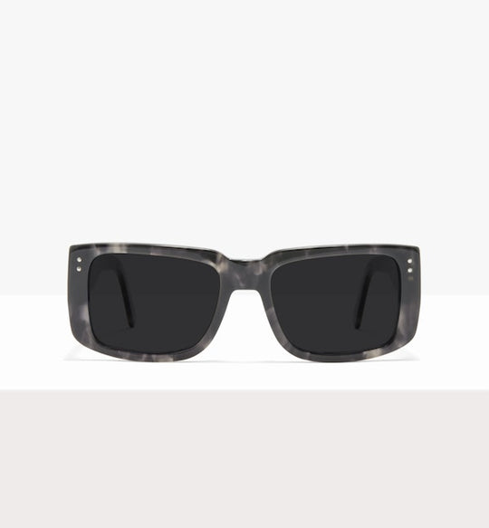 Gray marbled rectangle sunglasses with dark lenses displayed on a white surface.