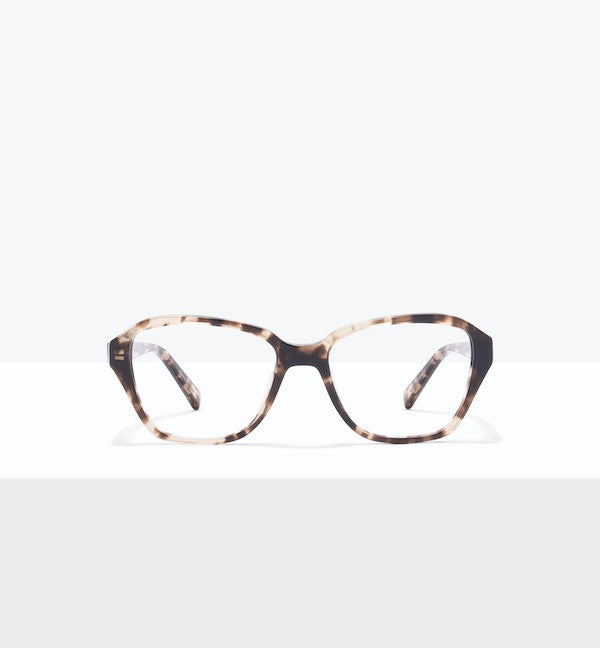 Eyeglasses with tortoiseshell pattern frames on a white background.