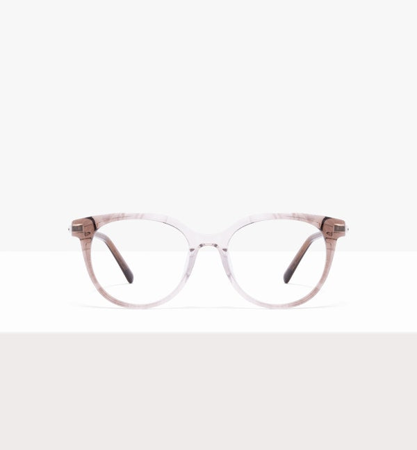 Round eyeglasses with a light brown and clear frame on a white background.