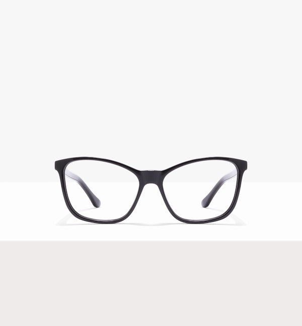 Black rectangular eyeglasses on a white background.