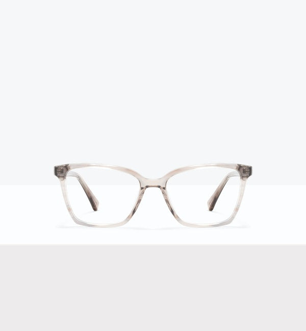 Clear eyeglasses with rectangular frames on a white background.